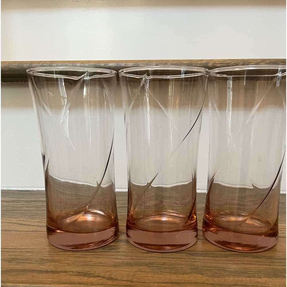 set of 3 Vintage Pink Swirl Highball Heavy Bottom Tumblers Drinking Glasses
